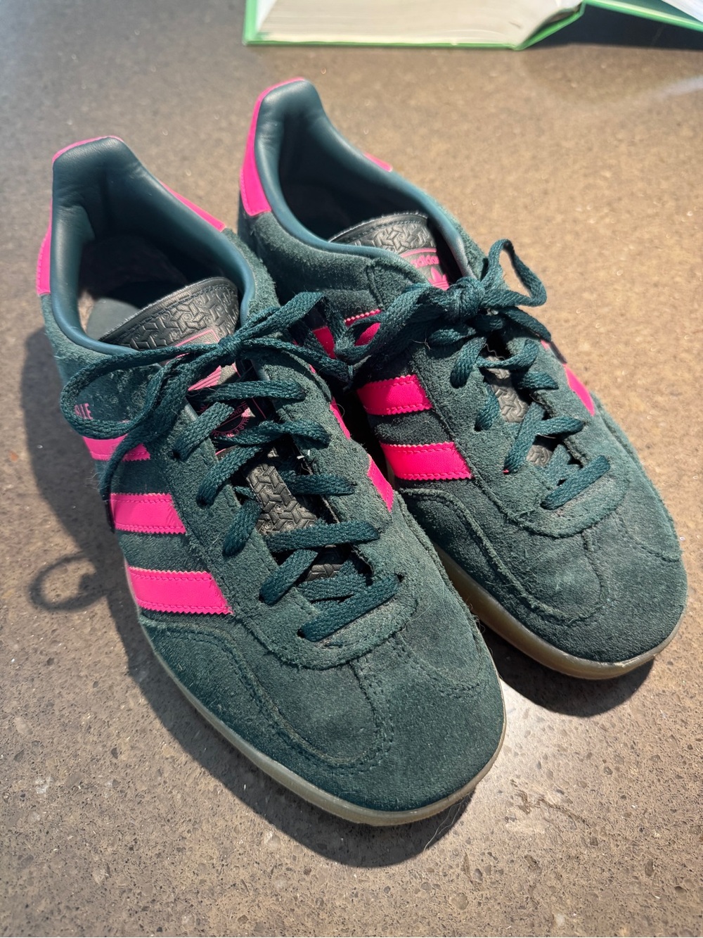 adidas Women's Suede Sneakers in Dark Green with Pink Stripes